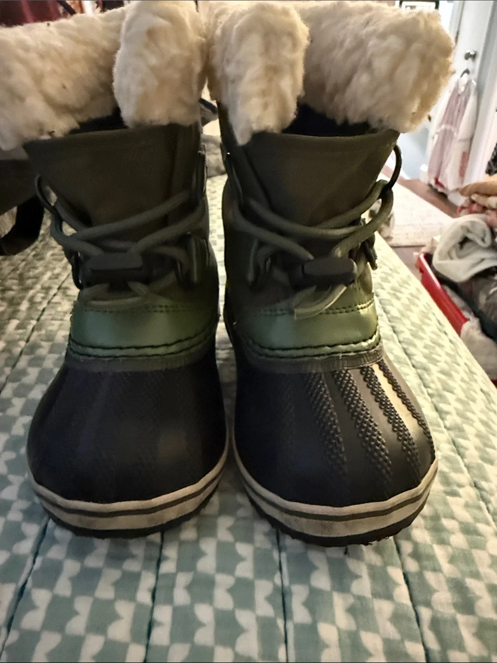 Sorel Kids Green and Black Waterproof Winter Boot with Cream Faux-Fur Cuff